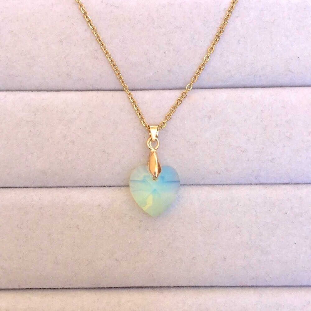 Chrysolite Green Opal + Gold Crystal Heart Drop Pendant Necklace